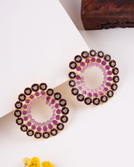 Pair of 925 sterling silver earrings with pink and gold design on a white background