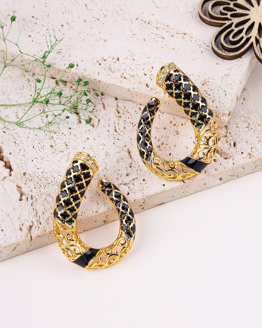 Gold and black hoop earrings on a textured surface with a plant