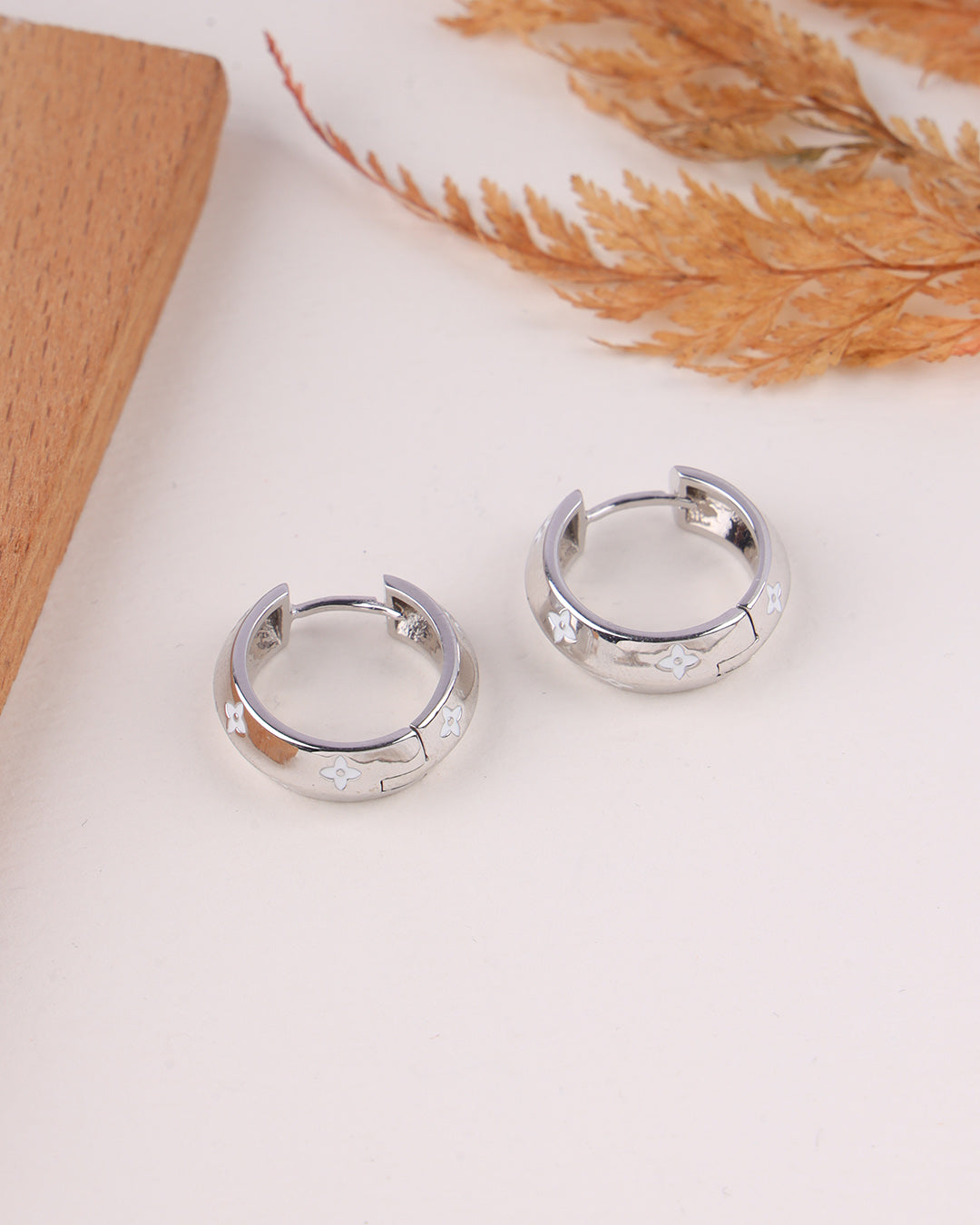 Silver hoop earrings on a light surface with dried plants in the background