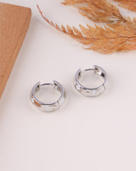 Silver hoop earrings on a light surface with dried plants in the background