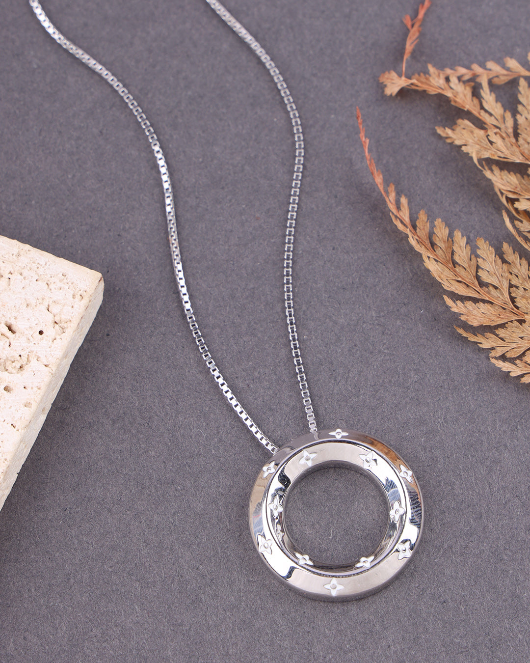 Silver necklace with a circular pendant on a gray surface with dried leaves.
