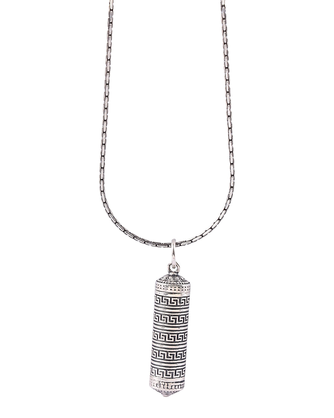 Silver pendant necklace with intricate design on a white background