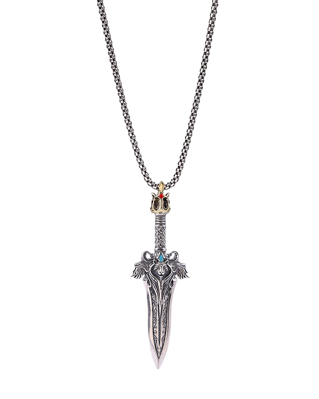 Silver dagger-shaped pendant on a chain against a white background