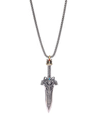 Silver dagger-shaped pendant on a chain against a white background