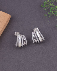 Silver hoop earrings on a dark surface with a wooden block and green leaves in the background