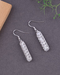 Silver earrings on a dark surface with a wooden block and green leaves in the background
