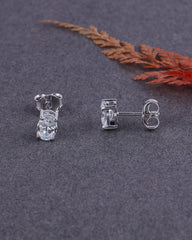 Silver stud earrings on a dark gray surface with dried leaves.