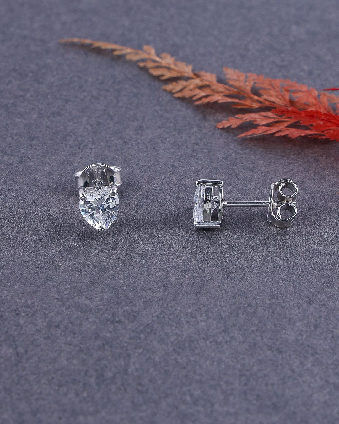 Two silver stud earrings on a gray surface with dried leaves in the background