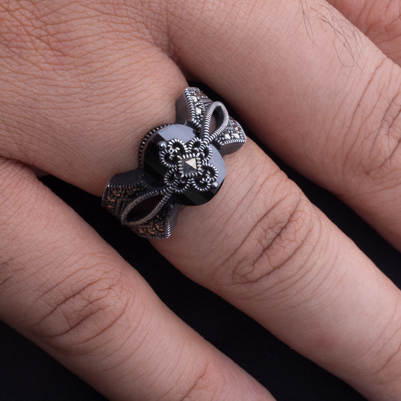 Royal Black Marcasite Stone Ring | Jenzo-925 sterling silver - Jenzo Jewellery