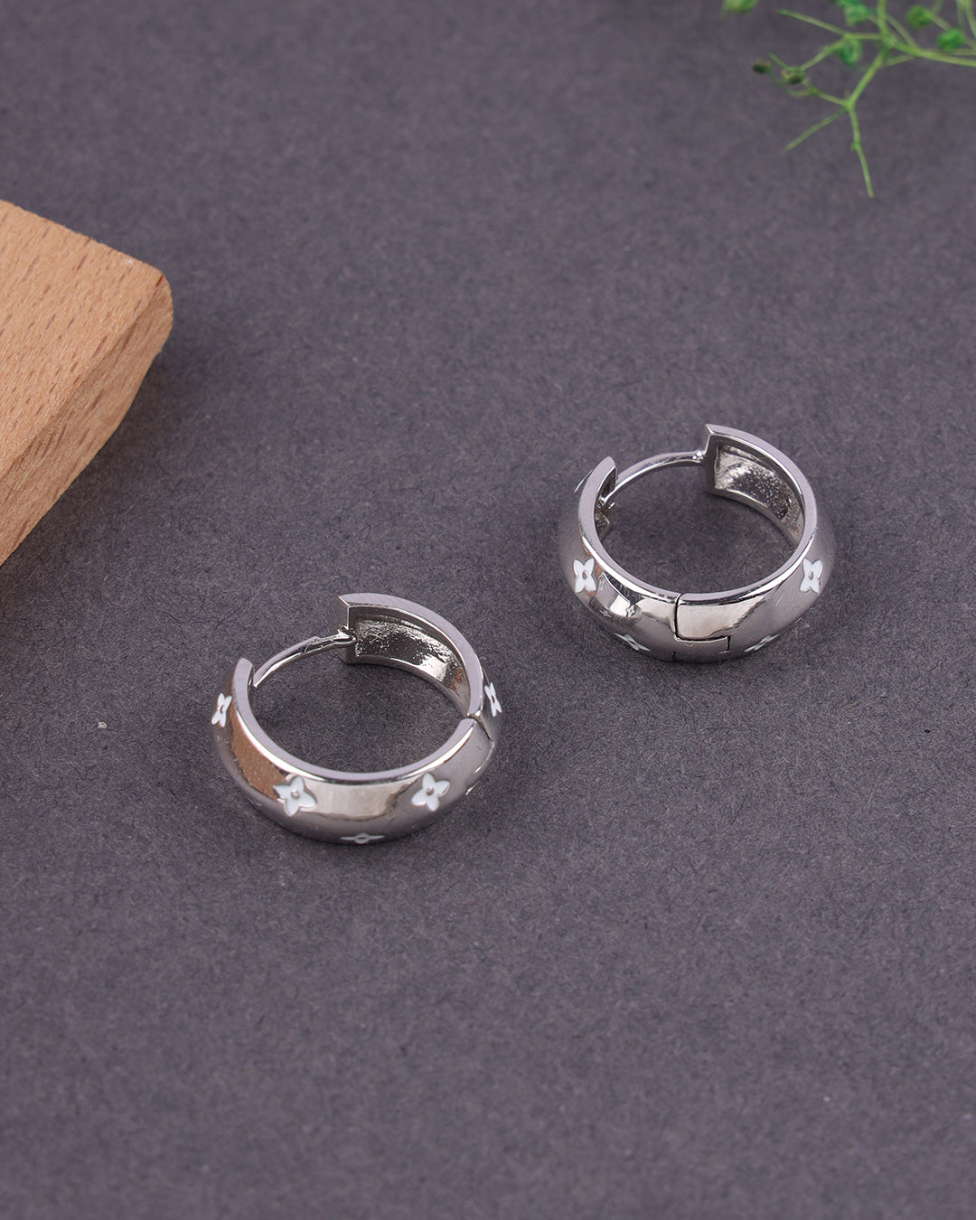 Pair of silver hoop earrings on a dark surface with a wooden block and green leaves in the background.
