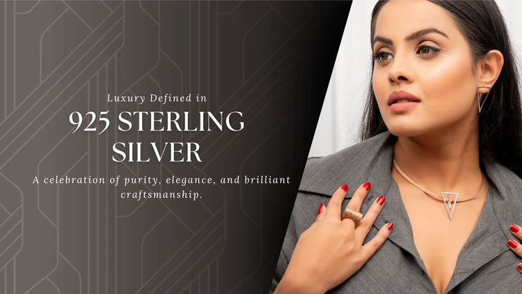 Woman wearing silver jewelry with text about 925 sterling silver