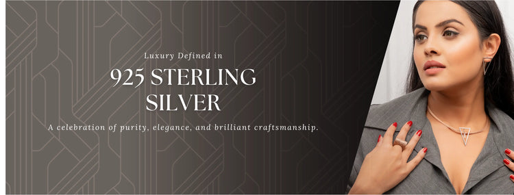 Woman wearing a silver necklace with text about 925 sterling silver.